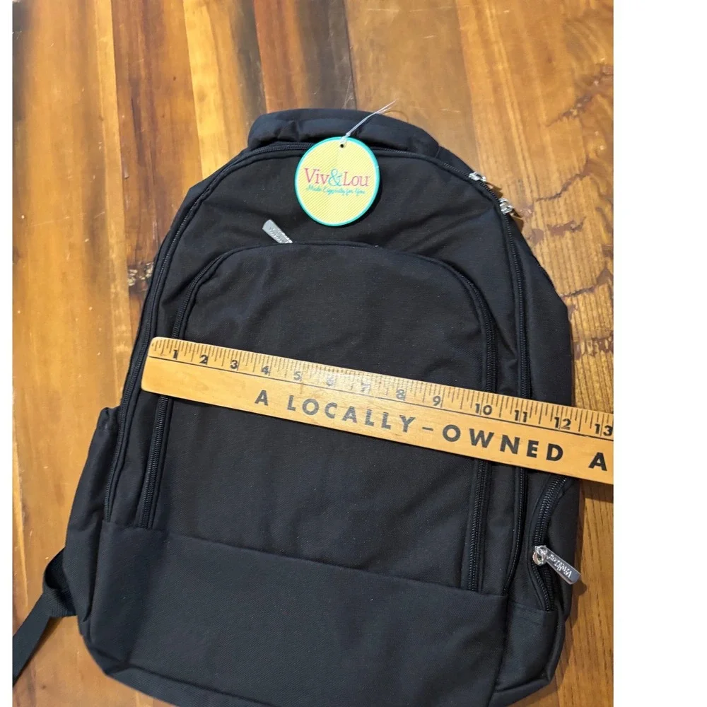 Viv & Lou Black Canvas Backpack Padded Straps Multi Compartment New With Tags